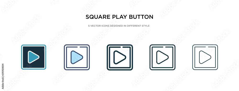 Poster square play button icon in different style vector illustration. two colored and black square play bu