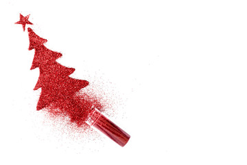 Explosion xmas tree and star silhouette shining with red glitter isolated on white background creative concept