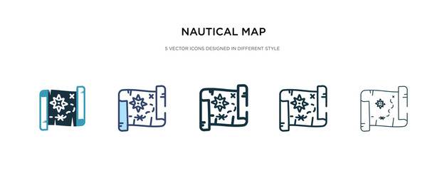 nautical map icon in different style vector illustration. two colored and black nautical map vector icons designed in filled, outline, line and stroke style can be used for web, mobile, ui