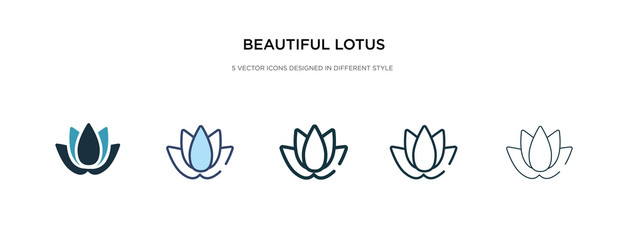 beautiful lotus flower icon in different style vector illustration. two colored and black beautiful lotus flower vector icons designed in filled, outline, line and stroke style can be used for web,