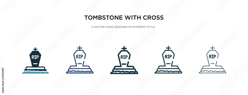 Poster tombstone with cross icon in different style vector illustration. two colored and black tombstone wi