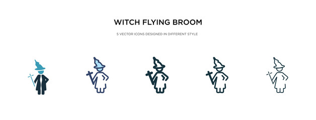 Fototapeta na wymiar witch flying broom icon in different style vector illustration. two colored and black witch flying broom vector icons designed in filled, outline, line and stroke style can be used for web, mobile,