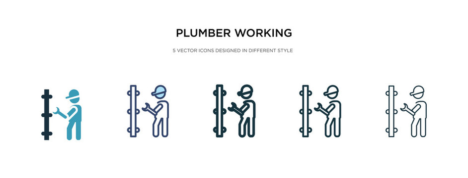 Plumber Working Icon In Different Style Vector Illustration. Two Colored And Black Plumber Working Vector Icons Designed In Filled, Outline, Line And Stroke Style Can Be Used For Web, Mobile, Ui