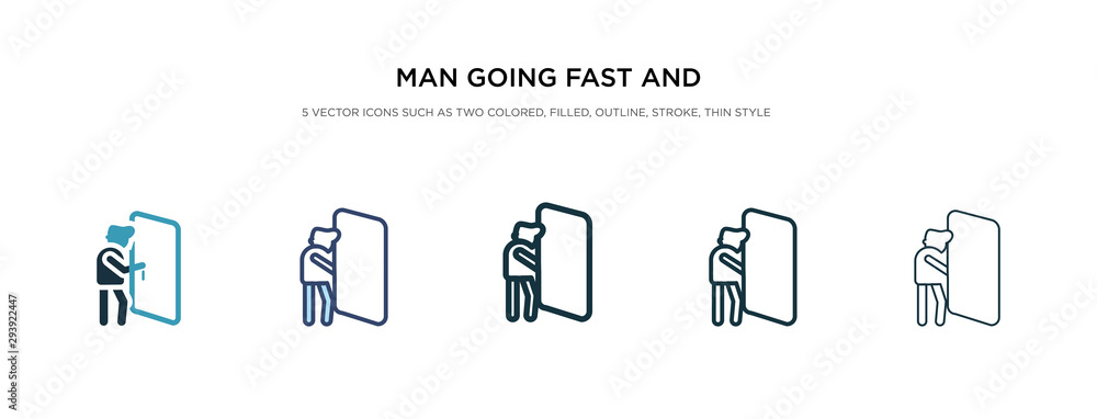 Poster man going fast and with force against a door icon in different style vector illustration. two colore