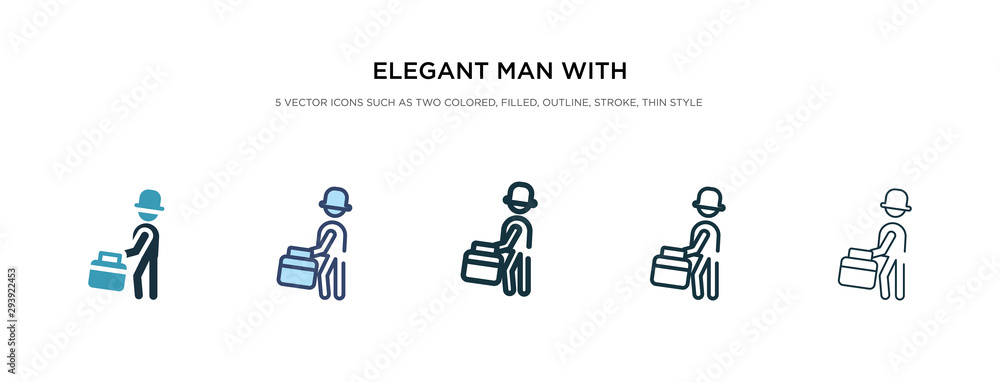 Poster elegant man with suitcase icon in different style vector illustration. two colored and black elegant