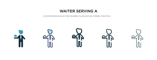 waiter serving a drink on a tray icon in different style vector illustration. two colored and black waiter serving a drink on tray vector icons designed in filled, outline, line and stroke style can