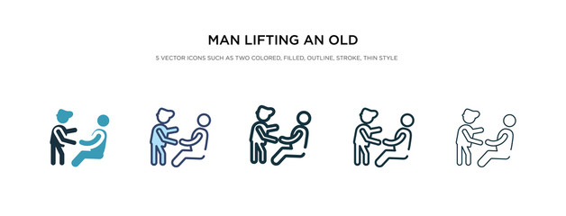 man lifting an old man icon in different style vector illustration. two colored and black man lifting an old vector icons designed in filled, outline, line and stroke style can be used for web,
