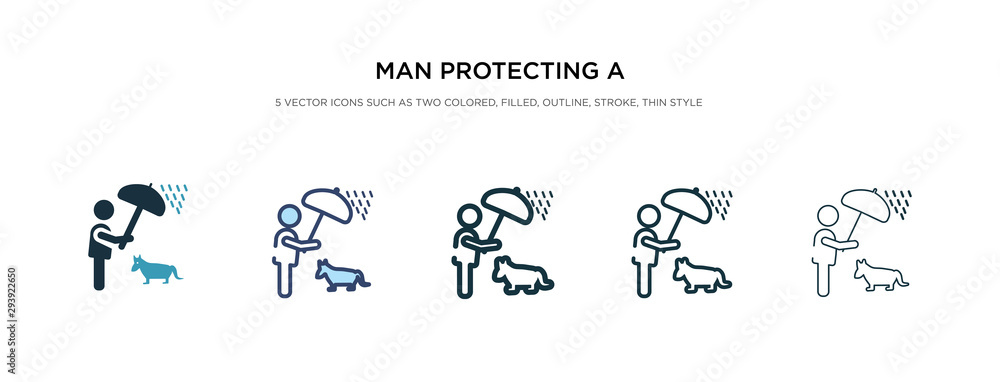 Poster man protecting a dog with an umbrella icon in different style vector illustration. two colored and b
