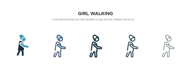 girl walking icon in different style vector illustration. two colored and black girl walking vector icons designed in filled, outline, line and stroke style can be used for web, mobile, ui