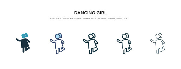 dancing girl icon in different style vector illustration. two colored and black dancing girl vector icons designed in filled, outline, line and stroke style can be used for web, mobile, ui