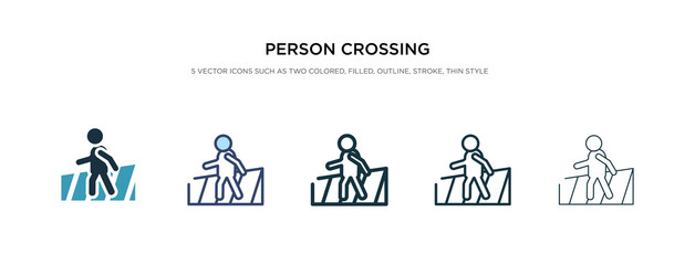 person crossing street on crosswalk icon in different style vector illustration. two colored and black person crossing street on crosswalk vector icons designed in filled, outline, line and stroke