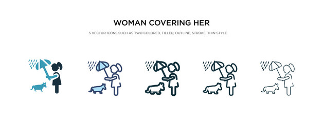 Fototapeta na wymiar woman covering her pet with an umbrella icon in different style vector illustration. two colored and black woman covering her pet with an umbrella vector icons designed in filled, outline, line and