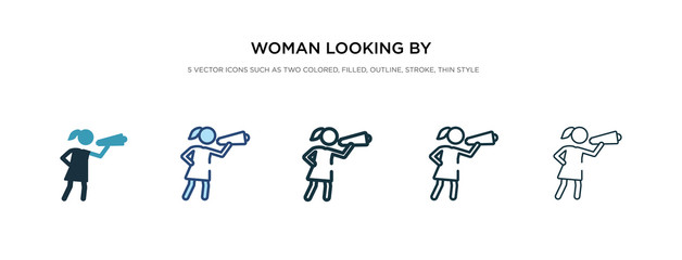woman looking by a spyglass icon in different style vector illustration. two colored and black woman looking by a spyglass vector icons designed in filled, outline, line and stroke style can be used