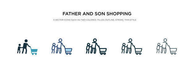 father and son shopping icon in different style vector illustration. two colored and black father and son shopping vector icons designed in filled, outline, line stroke style can be used for web,