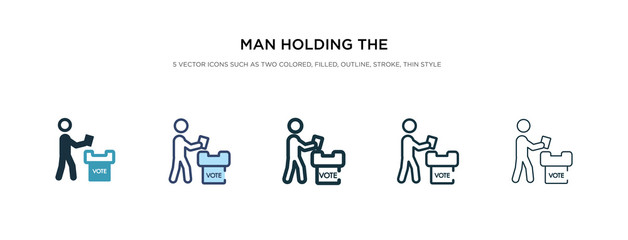 man holding the vote paper on the box icon in different style vector illustration. two colored and black man holding the vote paper on box vector icons designed in filled, outline, line and stroke