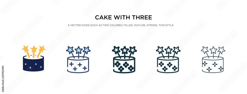Poster cake with three candles icon in different style vector illustration. two colored and black cake with