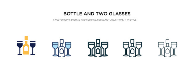 bottle and two glasses icon in different style vector illustration. two colored and black bottle and two glasses vector icons designed in filled, outline, line stroke style can be used for web,