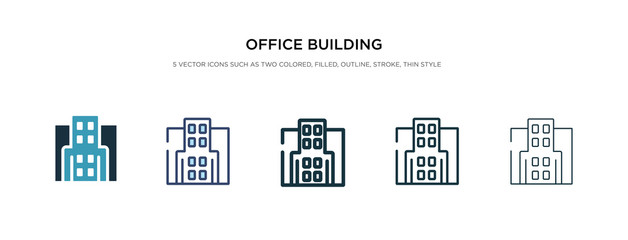 office building icon in different style vector illustration. two colored and black office building vector icons designed in filled, outline, line and stroke style can be used for web, mobile, ui