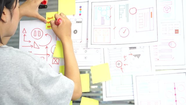 Designer web development website template design user ui application on paper or framework layout for pre-production on glass wall. Web developments creative involved in developing wireframe for apps