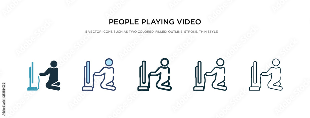 Poster people playing video game icon in different style vector illustration. two colored and black people 