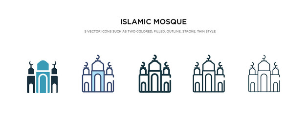 islamic mosque icon in different style vector illustration. two colored and black islamic mosque vector icons designed in filled, outline, line and stroke style can be used for web, mobile, ui
