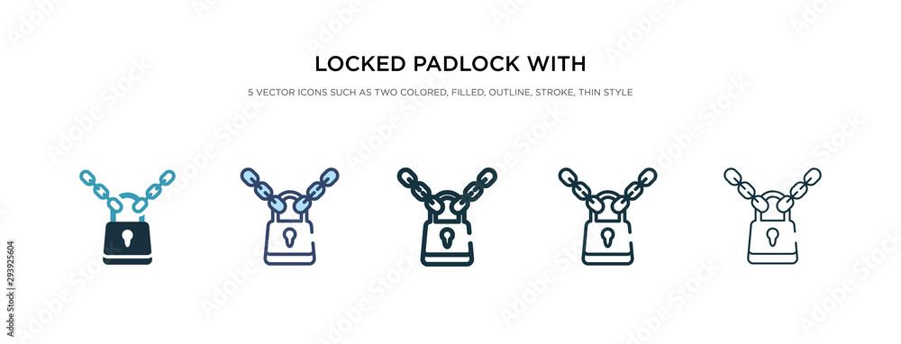 Poster locked padlock with chain icon in different style vector illustration. two colored and black locked 