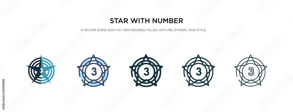 Poster star with number three icon in different style vector illustration. two colored and black star with 