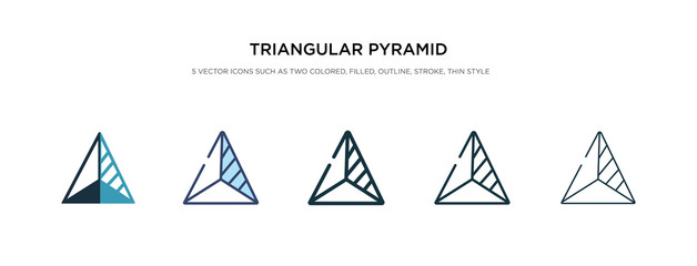 triangular pyramid volumetrical shape icon in different style vector illustration. two colored and black triangular pyramid volumetrical shape vector icons designed in filled, outline, line and