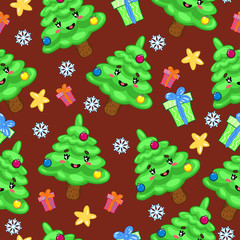 Fototapeta premium Seamless pattern with kawaii christmas trees. eps 10
