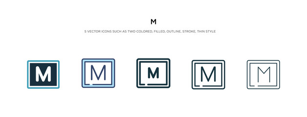 m icon in different style vector illustration. two colored and black m vector icons designed in filled, outline, line and stroke style can be used for web, mobile, ui