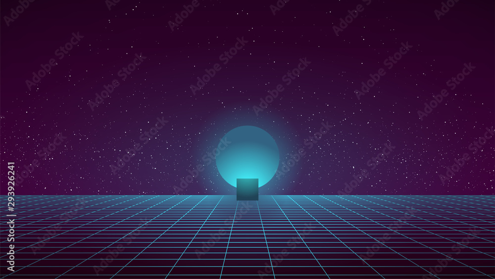 Poster synthwave background. retro futuristic backdrop with perspective grid. blue sphere with glow around 