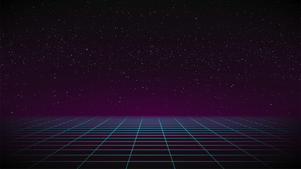 Synthwave background. Dark Retro futuristic backdrop with blue perspective grid. Purple glow in distance. Geometric template. 80s Retrowave style illustration with stars