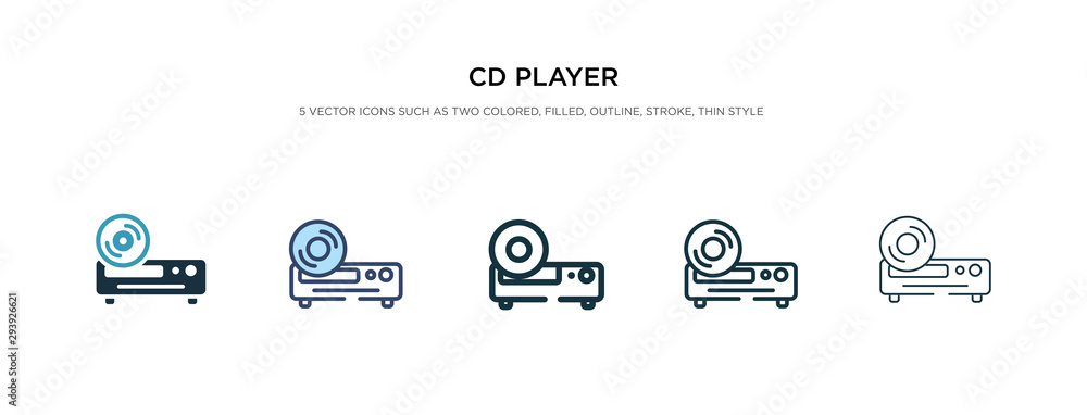 Poster cd player icon in different style vector illustration. two colored and black cd player vector icons 