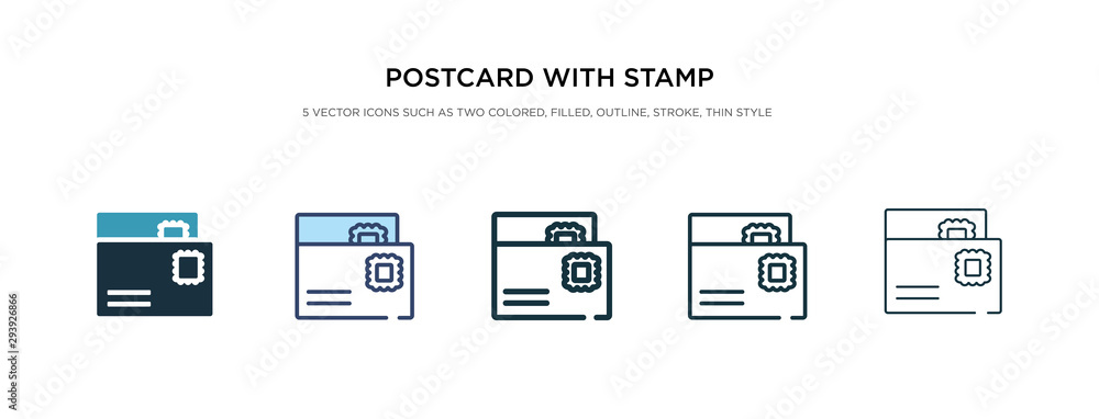 Poster postcard with stamp icon in different style vector illustration. two colored and black postcard with