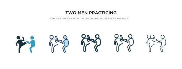two men practicing karate icon in different style vector illustration. two colored and black two men practicing karate vector icons designed in filled, outline, line and stroke style can be used for