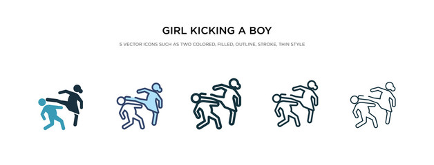 girl kicking a boy in the face icon in different style vector illustration. two colored and black girl kicking a boy in the face vector icons designed filled, outline, line and stroke style can be