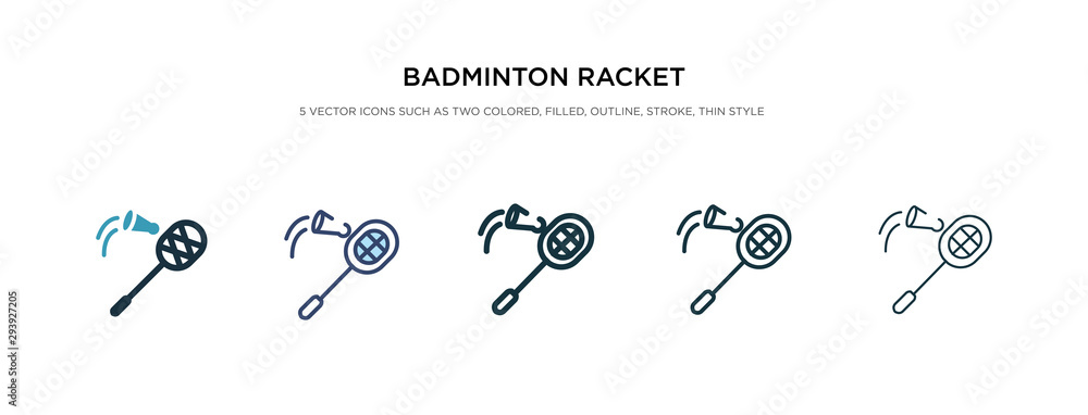 Poster badminton racket and feather icon in different style vector illustration. two colored and black badm