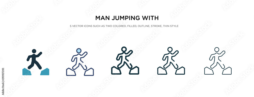 Poster man jumping with opened legs icon in different style vector illustration. two colored and black man 