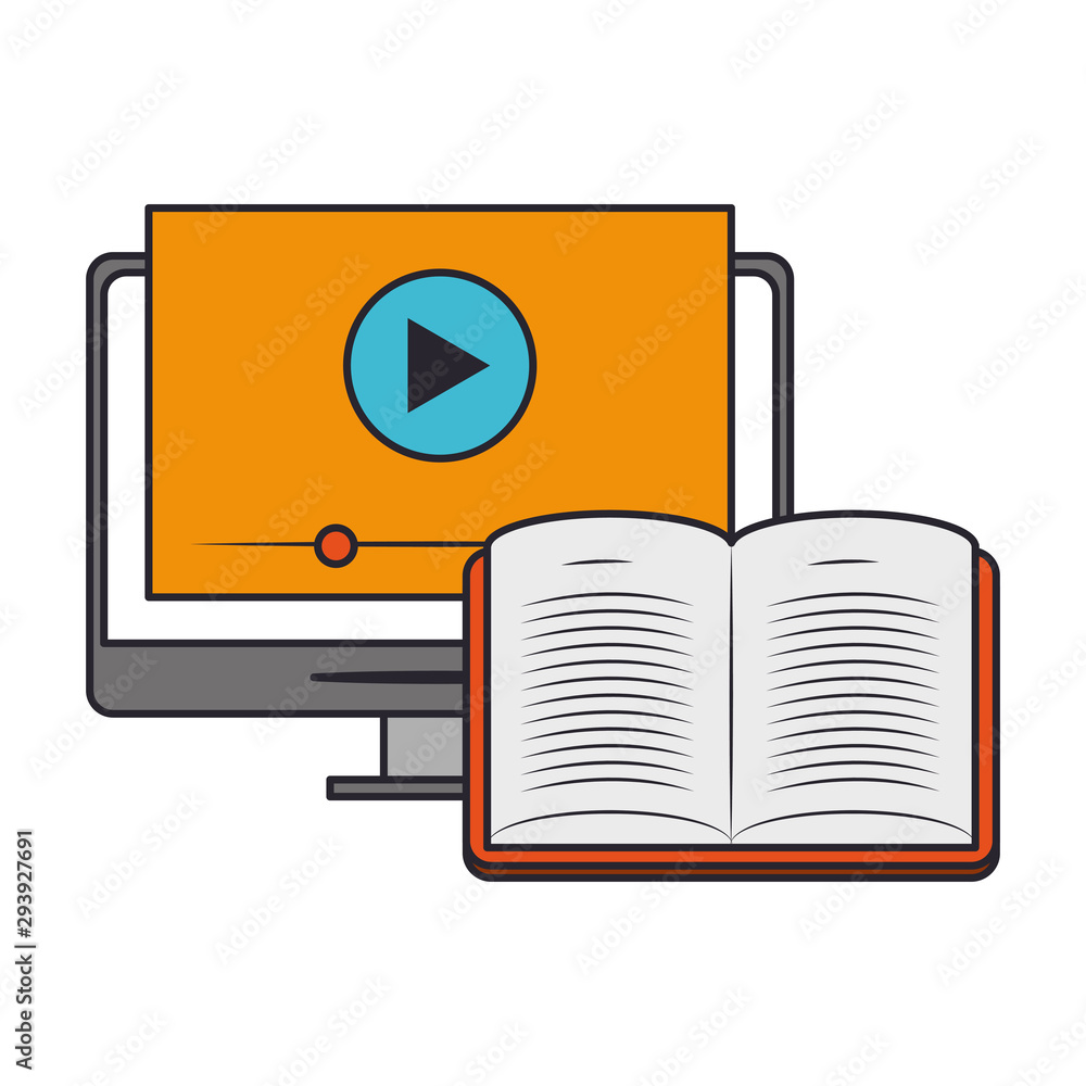 Sticker computer and books isolated icon