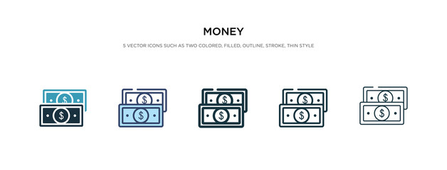 money icon in different style vector illustration. two colored and black money vector icons designed in filled, outline, line and stroke style can be used for web, mobile, ui