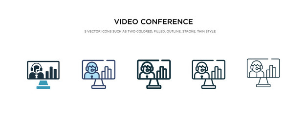 video conference icon in different style vector illustration. two colored and black video conference vector icons designed in filled, outline, line and stroke style can be used for web, mobile, ui