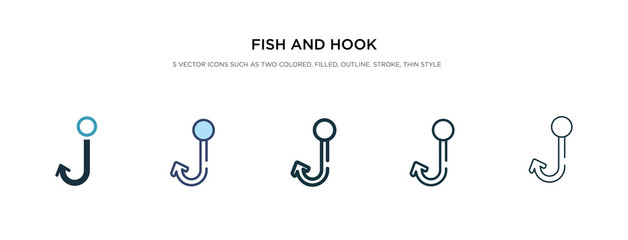 fish and hook icon in different style vector illustration. two colored and black fish and hook vector icons designed in filled, outline, line stroke style can be used for web, mobile, ui