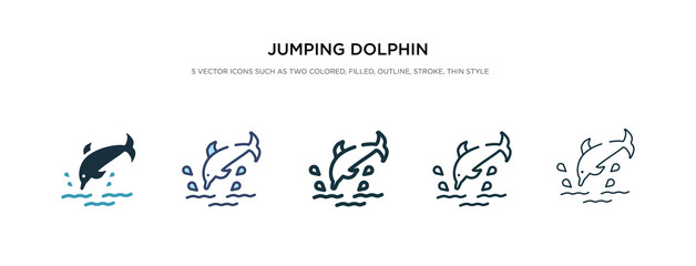 jumping dolphin icon in different style vector illustration. two colored and black jumping dolphin vector icons designed in filled, outline, line and stroke style can be used for web, mobile, ui