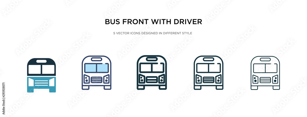 Poster bus front with driver icon in different style vector illustration. two colored and black bus front w