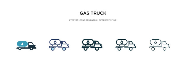 gas truck icon in different style vector illustration. two colored and black gas truck vector icons designed in filled, outline, line and stroke style can be used for web, mobile, ui - obrazy, fototapety, plakaty