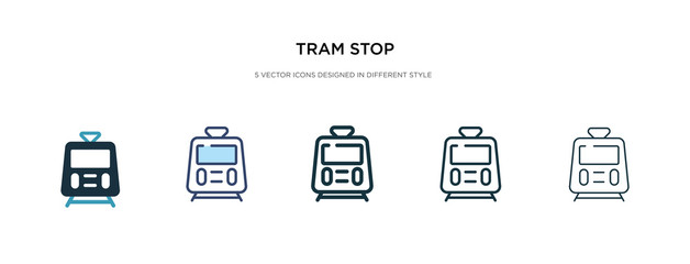 tram stop icon in different style vector illustration. two colored and black tram stop vector icons designed in filled, outline, line and stroke style can be used for web, mobile, ui