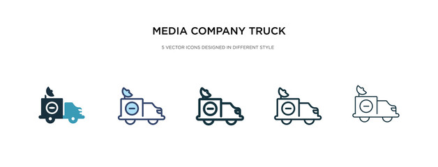 media company truck with satellite icon in different style vector illustration. two colored and black media company truck with satellite vector icons designed in filled, outline, line and stroke