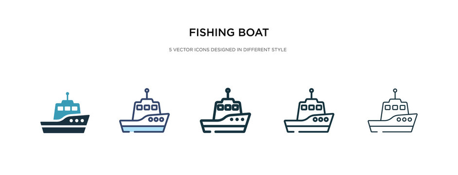 fishing boat icon in different style vector illustration. two colored and black fishing boat vector icons designed in filled, outline, line and stroke style can be used for web, mobile, ui