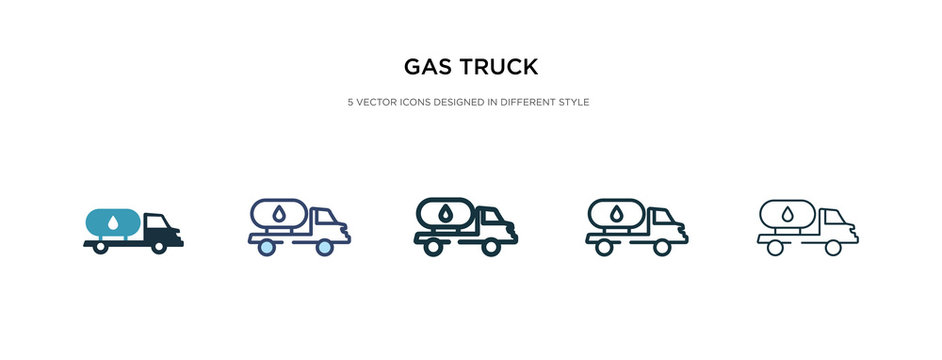 Gas Truck Icon In Different Style Vector Illustration. Two Colored And Black Gas Truck Vector Icons Designed In Filled, Outline, Line And Stroke Style Can Be Used For Web, Mobile, Ui