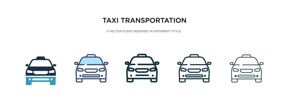 taxi transportation car from frontal view icon in different style vector illustration. two colored and black taxi transportation car from frontal view vector icons designed in filled, outline, line